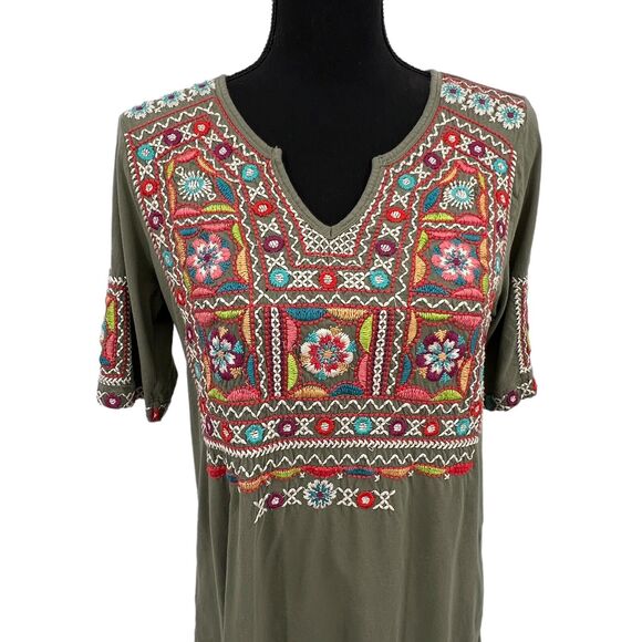 Johnny Was JW Los Angeles Olive Green Floral Embroidered Peasant Blouse Small - Picture 7 of 10